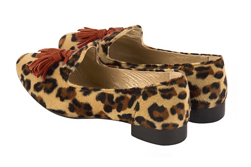 Safari black and terracotta orange women's loafers with pompons. Round toe. Flat leather soles. Rear view - Florence KOOIJMAN
